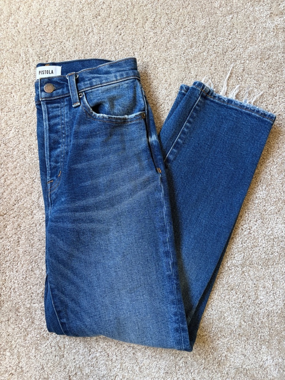 pistola Dark Blue High-Rise Straight Jeans with Raw Hem
